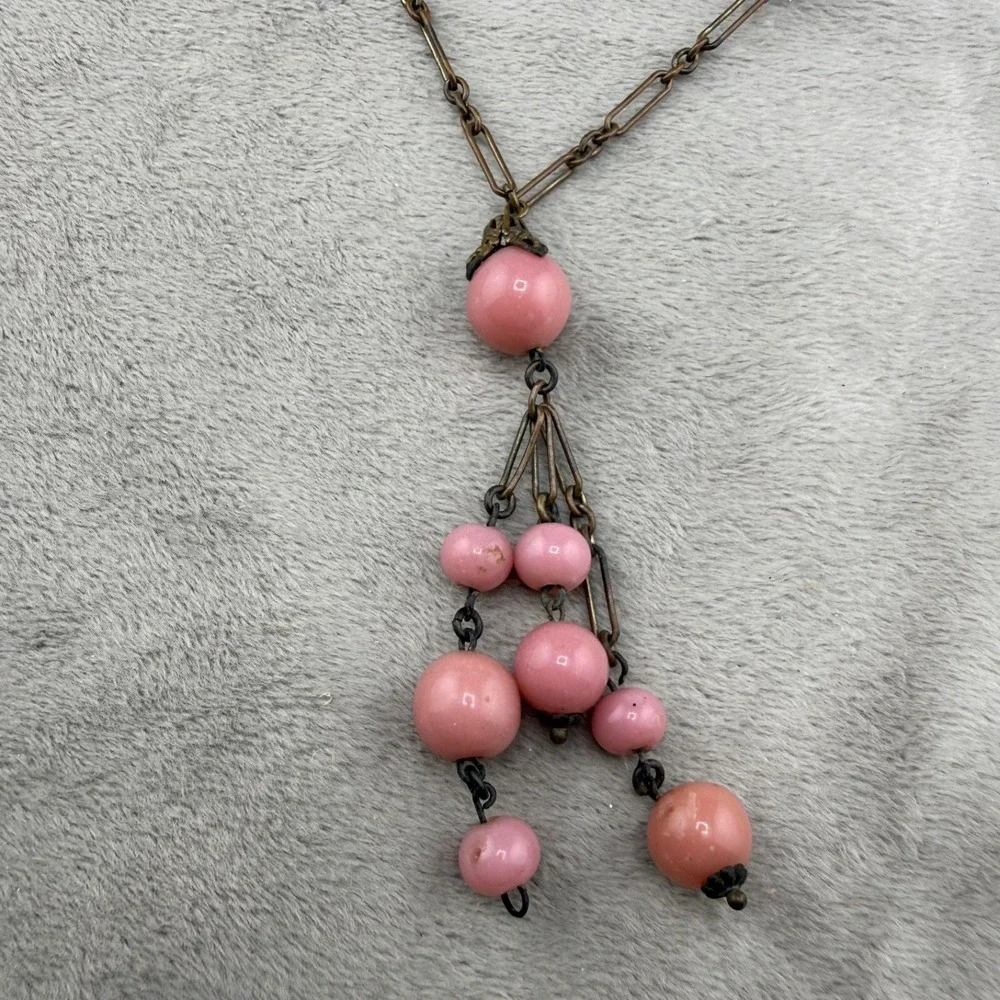 Vintage Art Deco Necklace Long‎ Statement Pink Beaded Spring 34